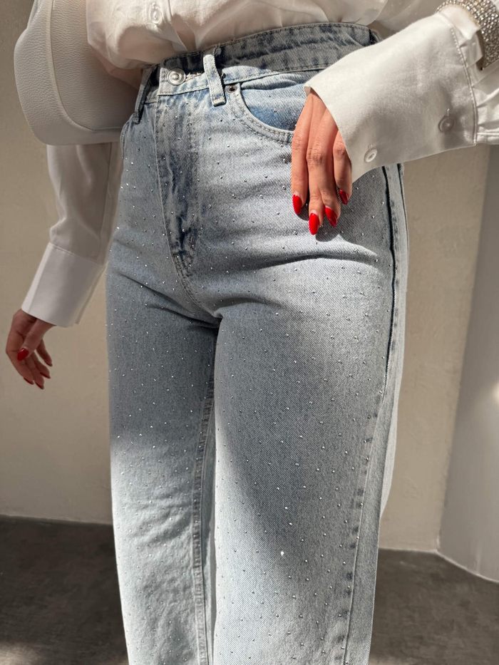 Ice Blue Taşlı Geniş Paça Jean