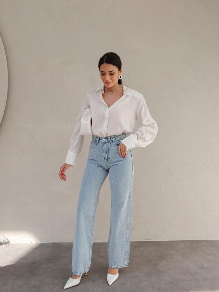Ice Blue Taşlı Geniş Paça Jean