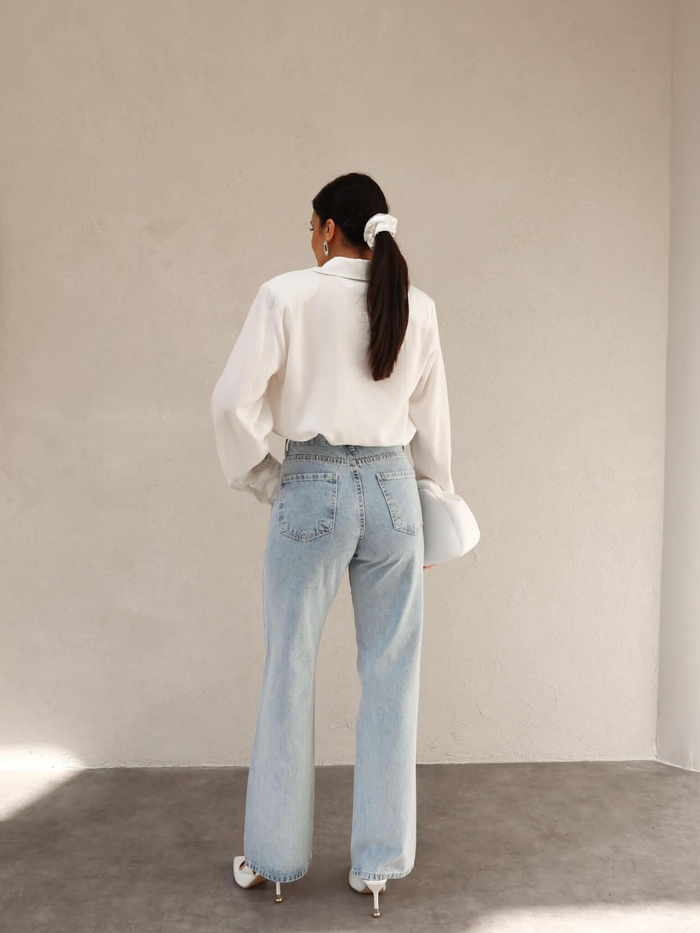 Ice Blue Taşlı Geniş Paça Jean