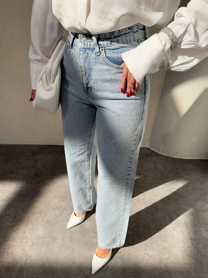 Ice Blue Taşlı Geniş Paça Jean