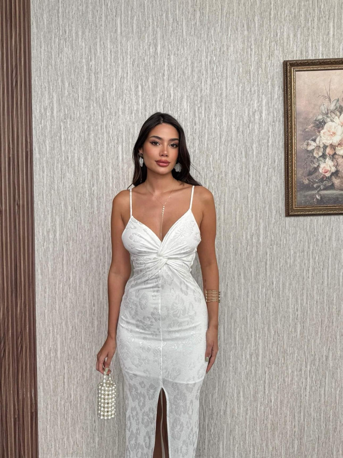 İnce Askı Ön Düğümlü Yırtmaç Elbise