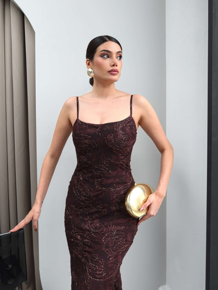 İnce Askılı Jakarlı Tül Elbise