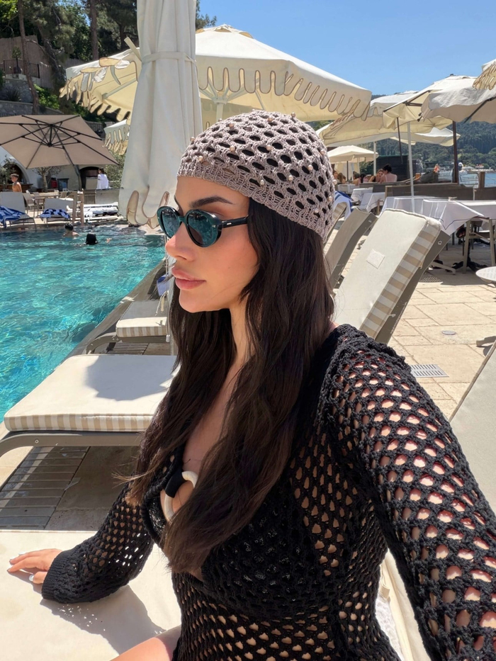 İnci İşlemeli Örgü Şapka Bandana