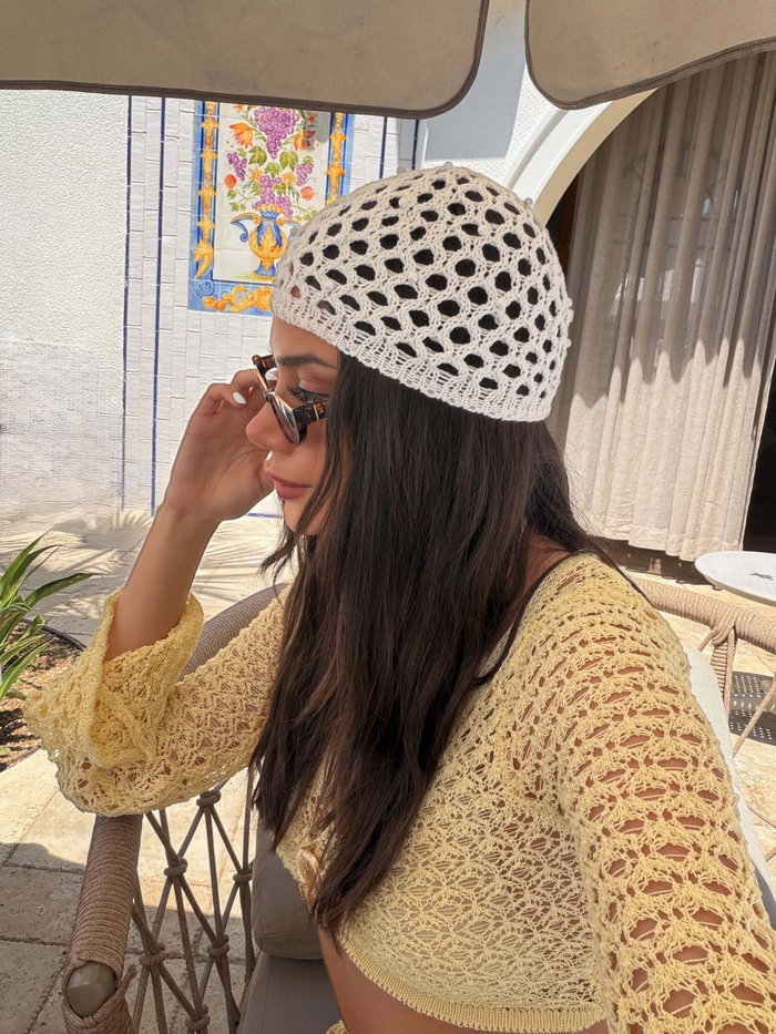 İnci İşlemeli Örgü Şapka Bandana