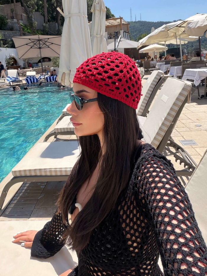 İnci İşlemeli Örgü Şapka Bandana