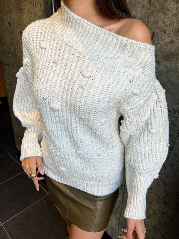 İncili Asimetrik Yaka Örgü Kazak