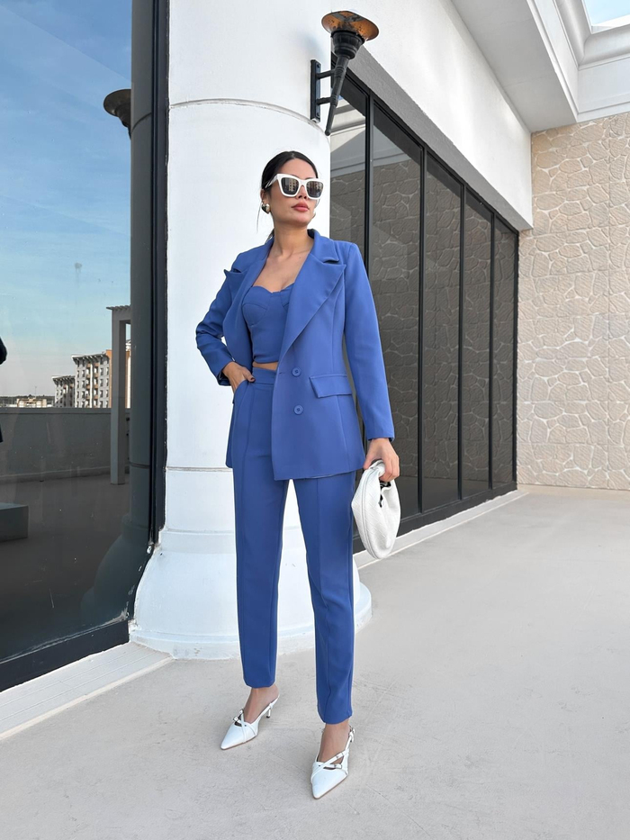 İndigo Klasik Blazer Üçlü Takım