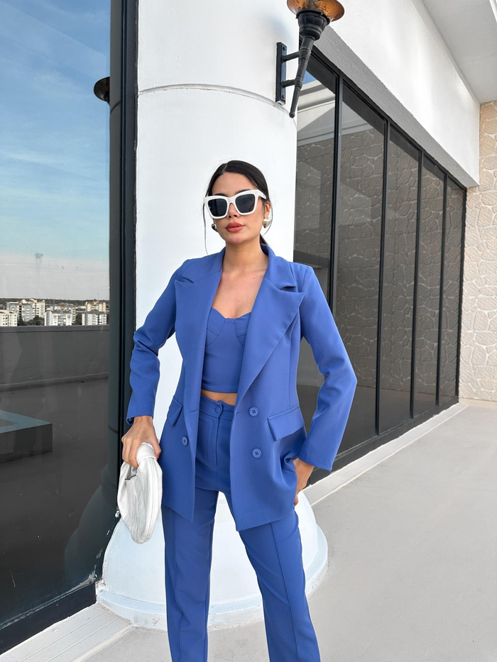 İndigo Klasik Blazer Üçlü Takım