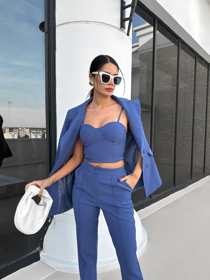İndigo Klasik Blazer Üçlü Takım
