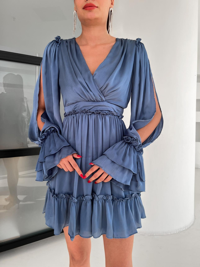 İndigo Ruffled Dekolte Elbise