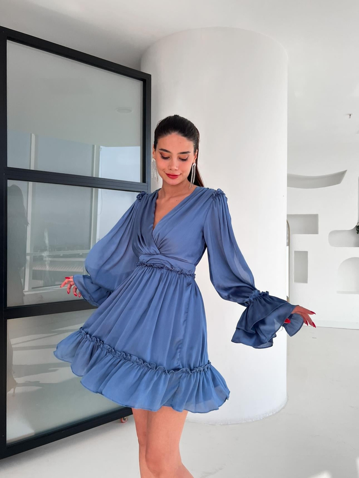 İndigo Ruffled Dekolte Elbise