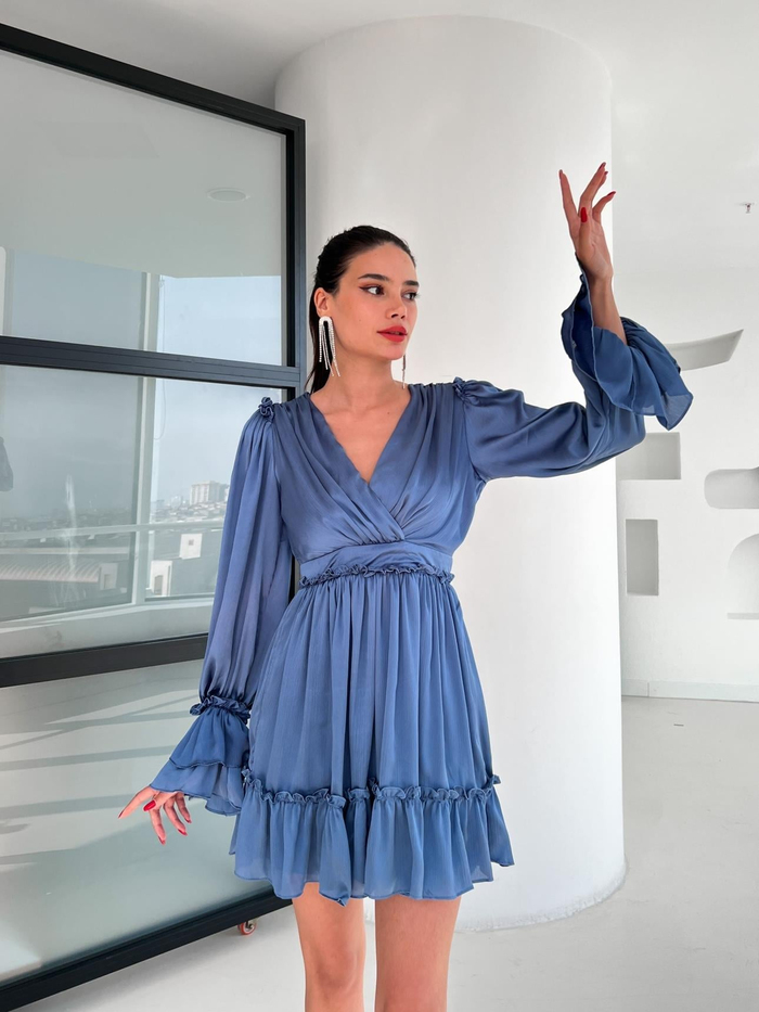 İndigo Ruffled Dekolte Elbise