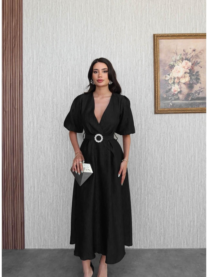 Işıltılı Kemerli Kruvaze Elbise