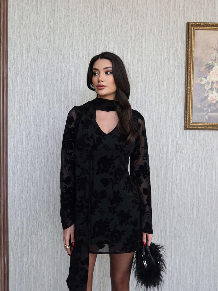 Kadife Baskı Fularlı Mini Elbise