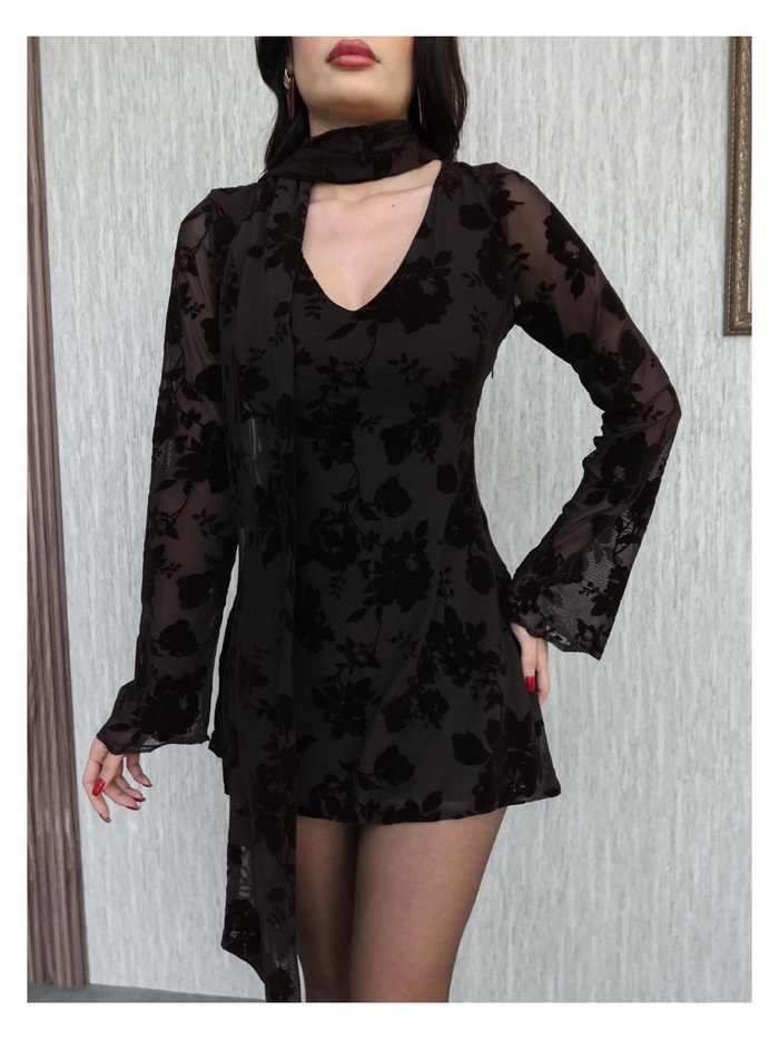 Kadife Baskı Fularlı Mini Elbise