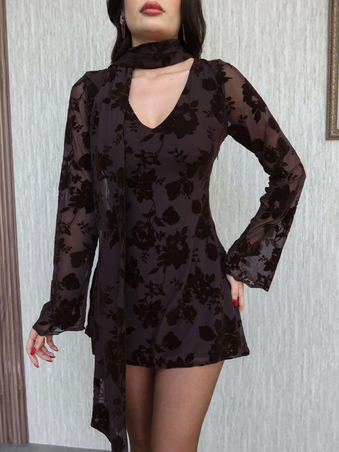 Kadife Baskı Fularlı Mini Elbise