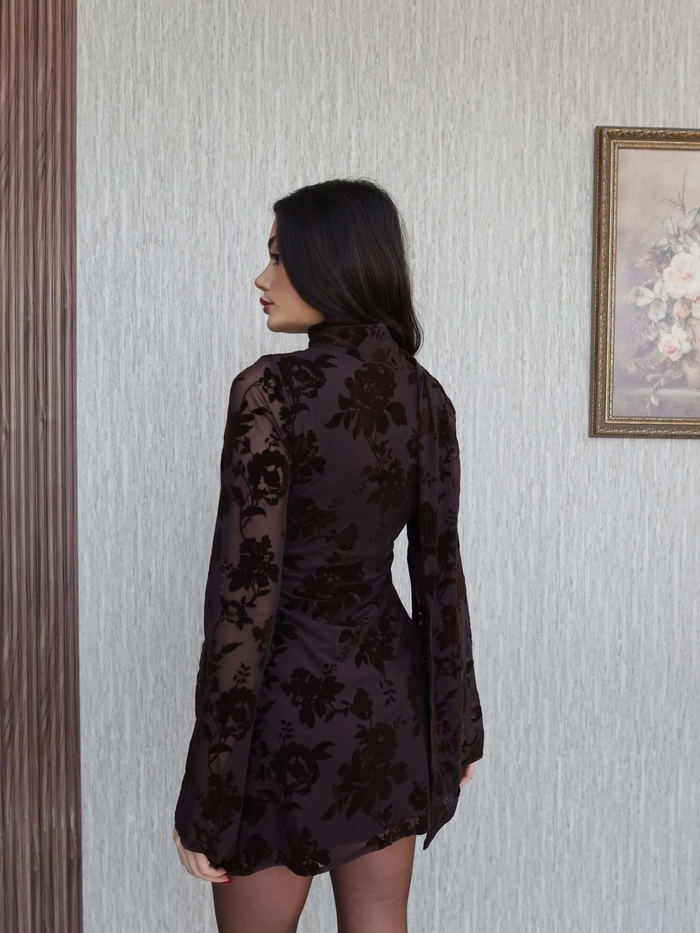 Kadife Baskı Fularlı Mini Elbise