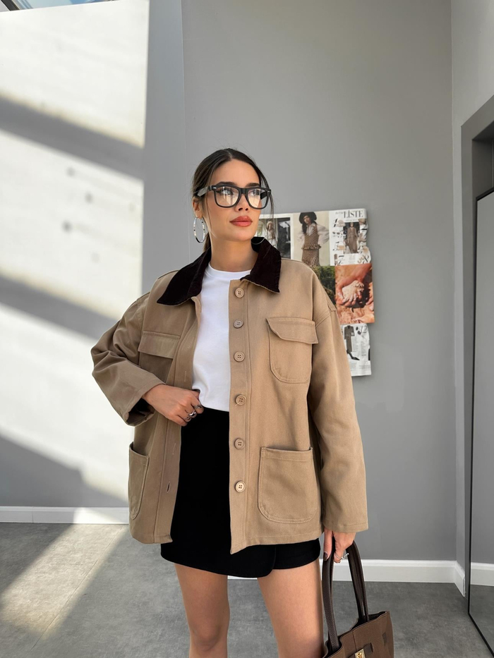 Kadife Yaka Cepli Gabardin Ceket