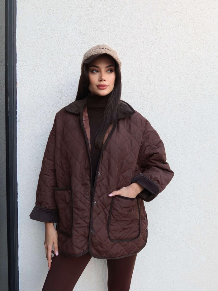 Kadife Yaka Çıtçıtlı Kapitone Mont