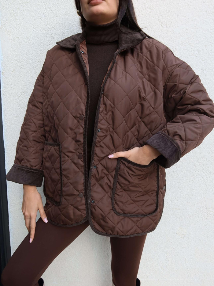 Kadife Yaka Çıtçıtlı Kapitone Mont