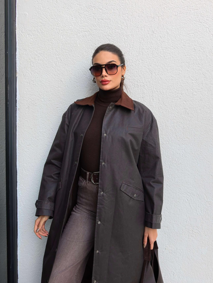 Kadife Yaka Çıtçıtlı Trench