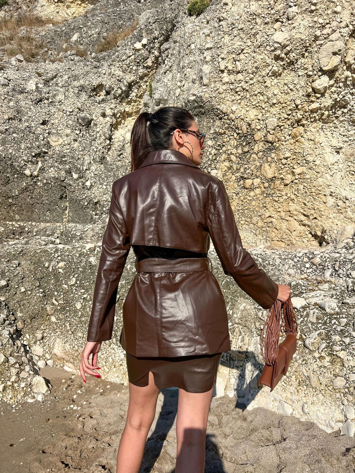 Kahve Blazer Deri Kuşaklı Ceket