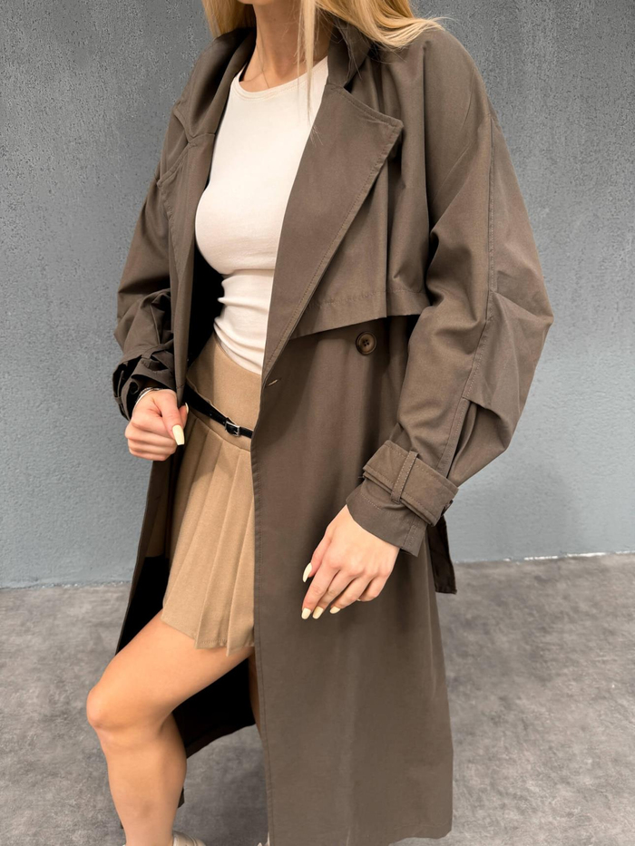 Kahve Düğmeli Kuşaklı Trench