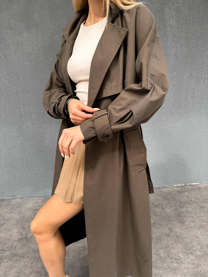 Kahve Düğmeli Kuşaklı Trench