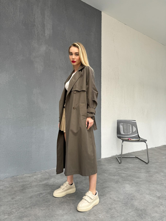 Kahve Düğmeli Kuşaklı Trench