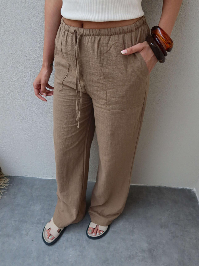 Kahve Keten Kordonlu Pantolon