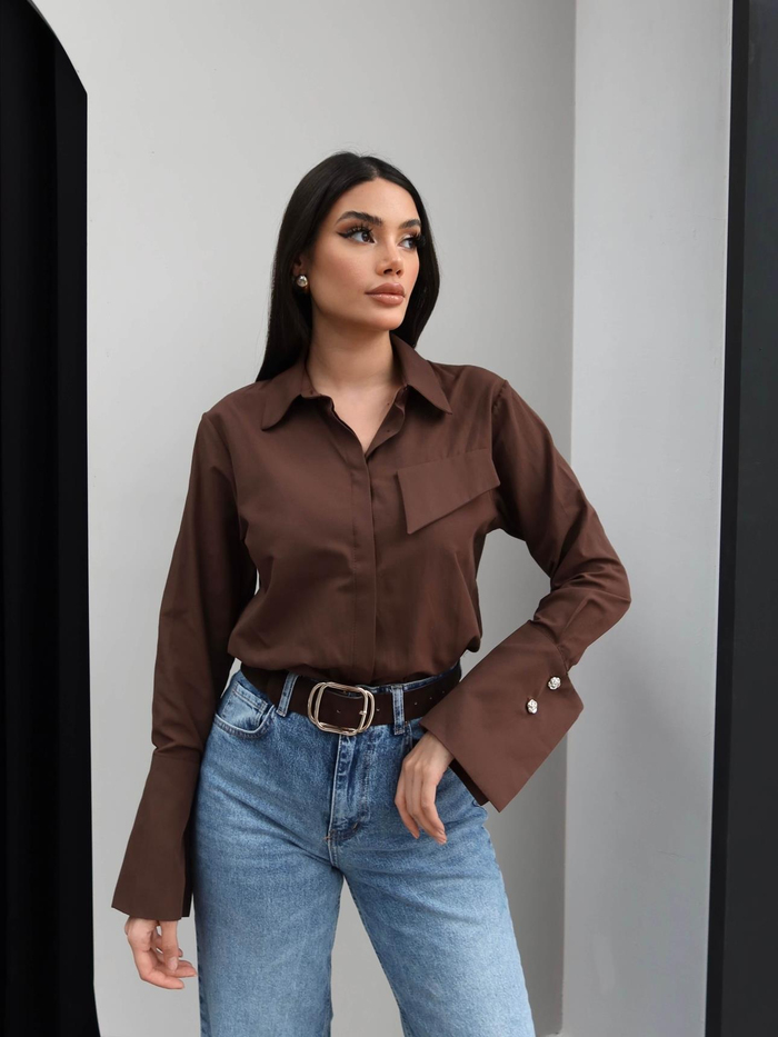 Kahve Kol Manşetli Gömlek