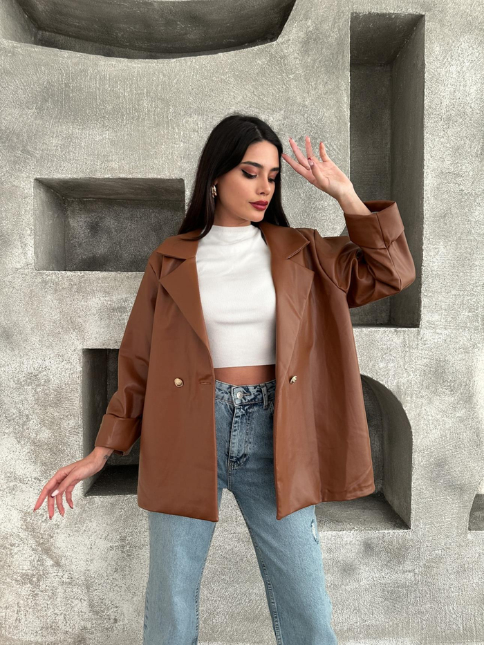 Kahve Oversize Deri Ceket