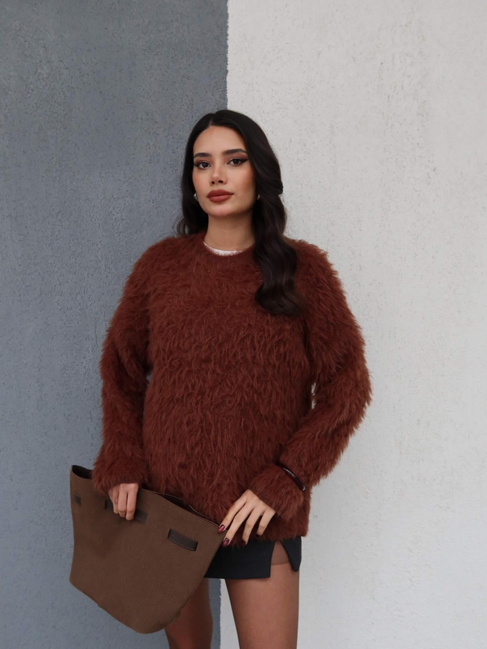 Kahve Oversize Peluş Kazak