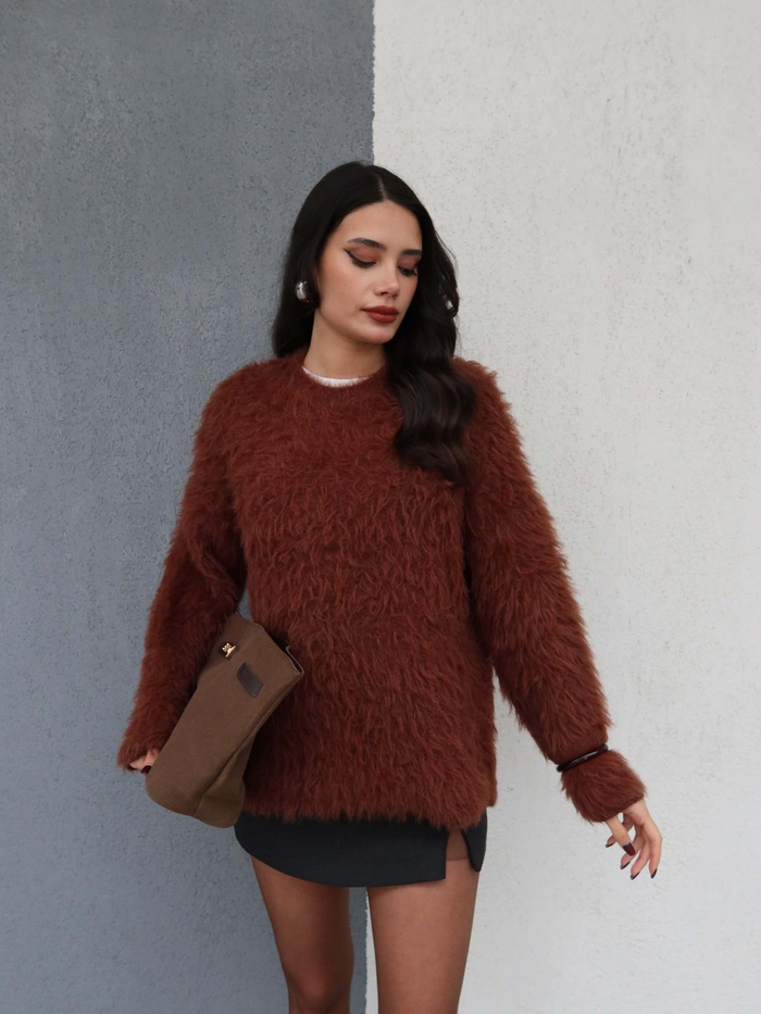 Kahve Oversize Peluş Kazak