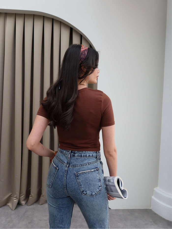 Kahve Streç Crop Tshirt