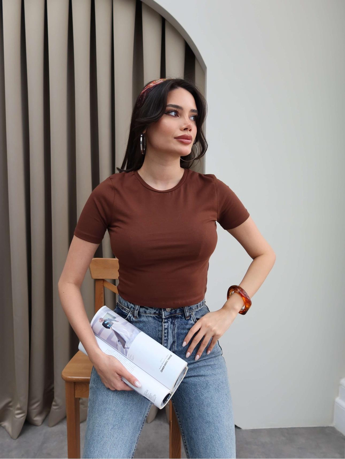 Kahve Streç Crop Tshirt