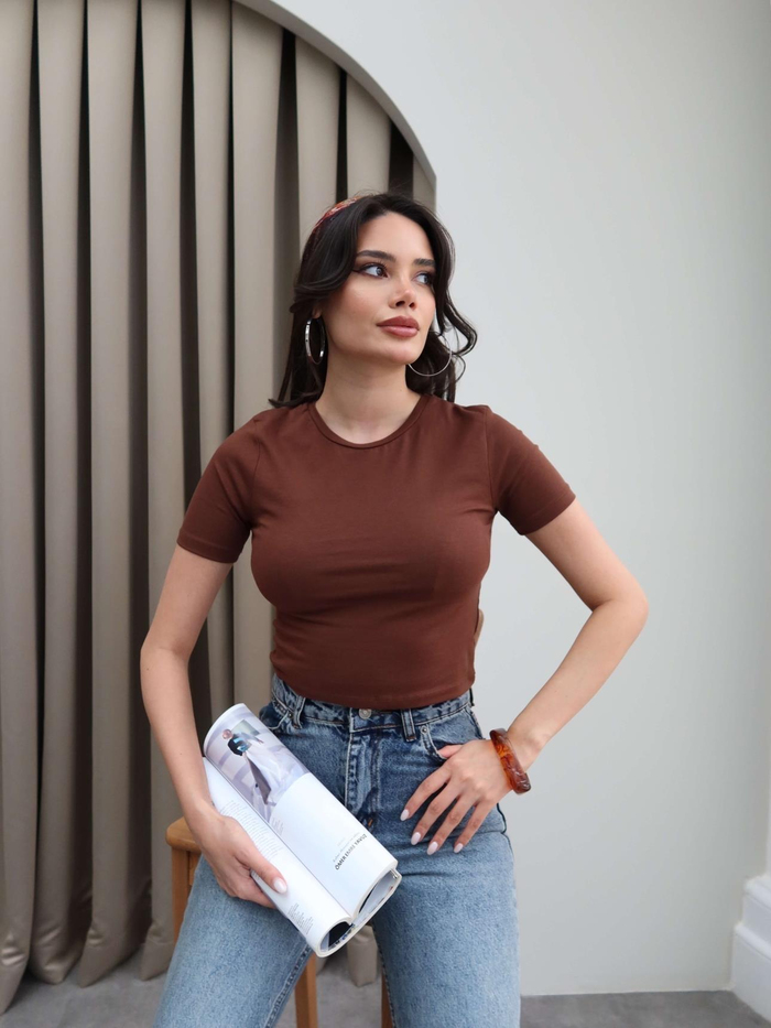 Kahve Streç Crop Tshirt