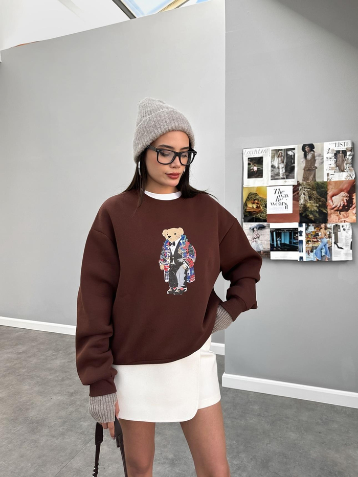 Kahve Teddy Bear Baskılı Sweat