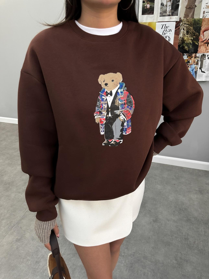 Kahve Teddy Bear Baskılı Sweat