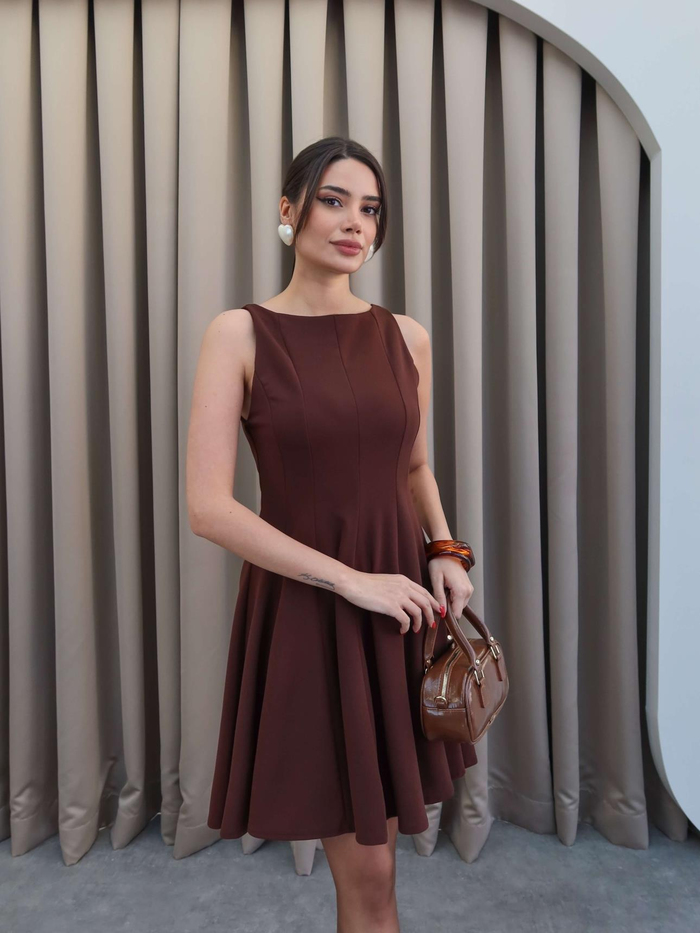 Kahve Volanlı Mini Elbise