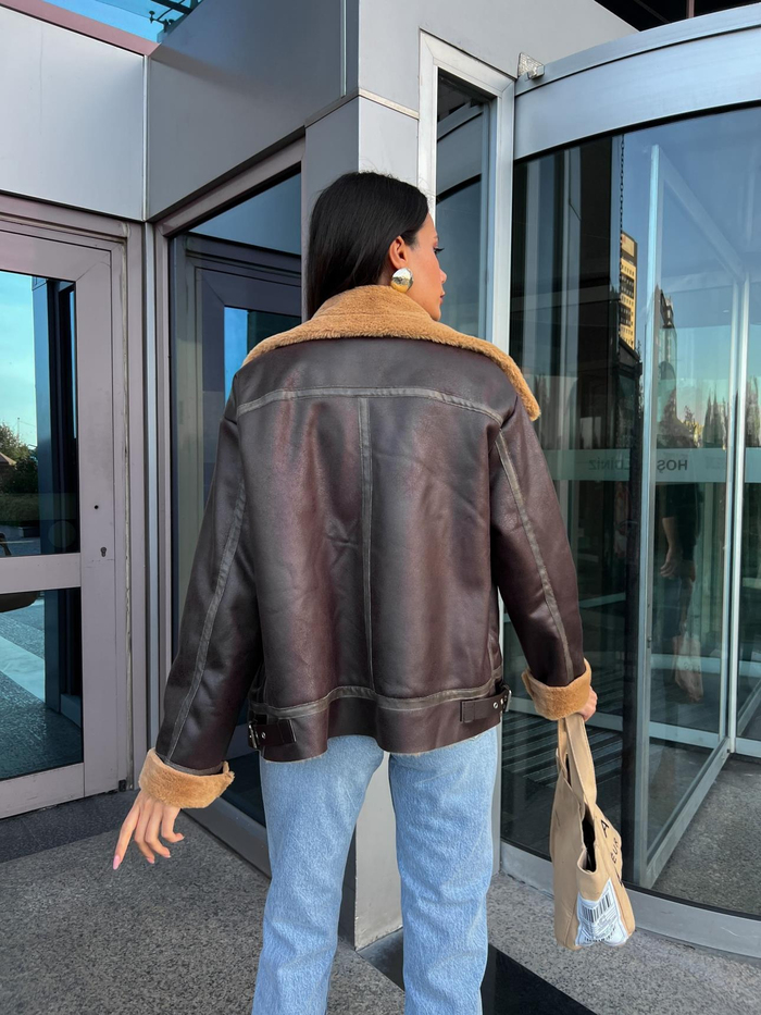 Kahve Yünlü Biker Mont