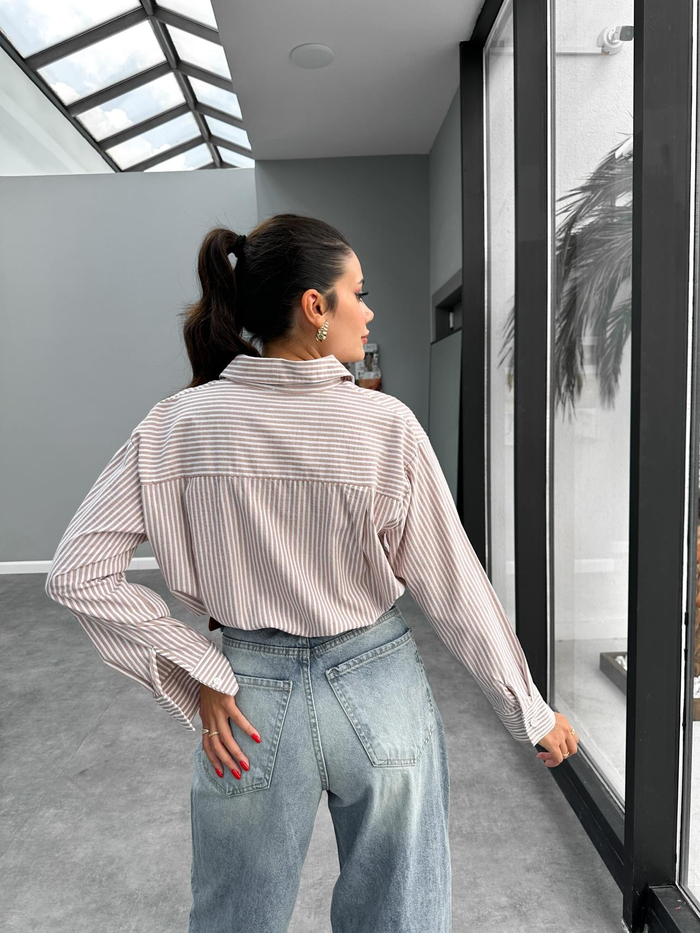 Kahverengi Çizgili Oversize Gömlek