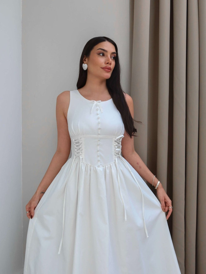 Kalın Askılı Bel Bağcıklı Midi Elbise