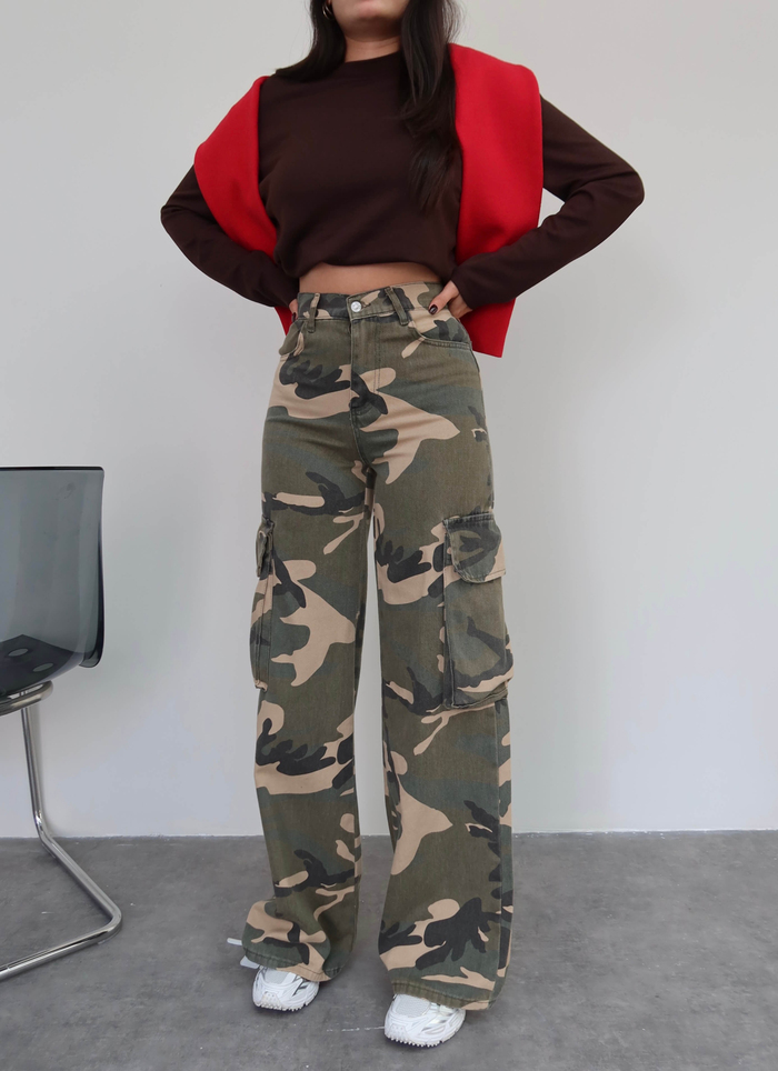 Kamuflaj Kargo Cep Denim Pantolon