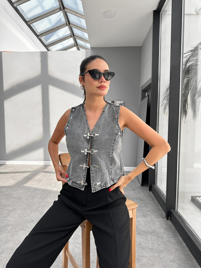 Kancalı Blazer Crop Denim Yelek