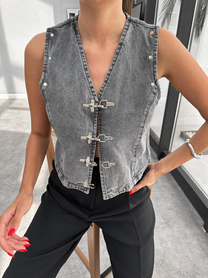 Kancalı Blazer Crop Denim Yelek