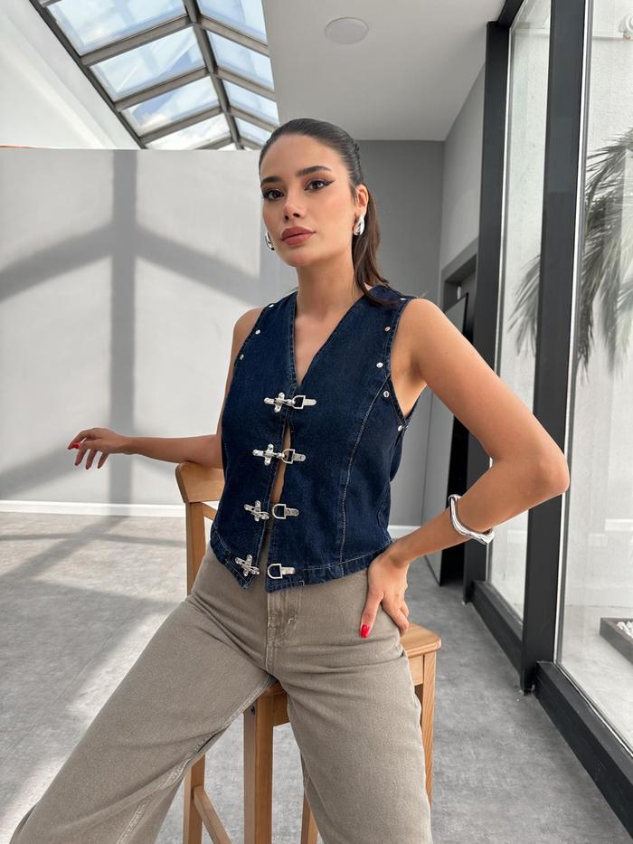 Kancalı Blazer Crop Denim Yelek