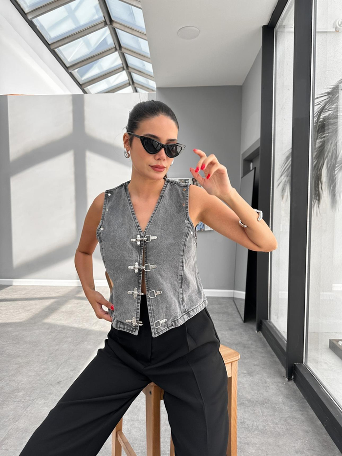 Kancalı Blazer Crop Denim Yelek
