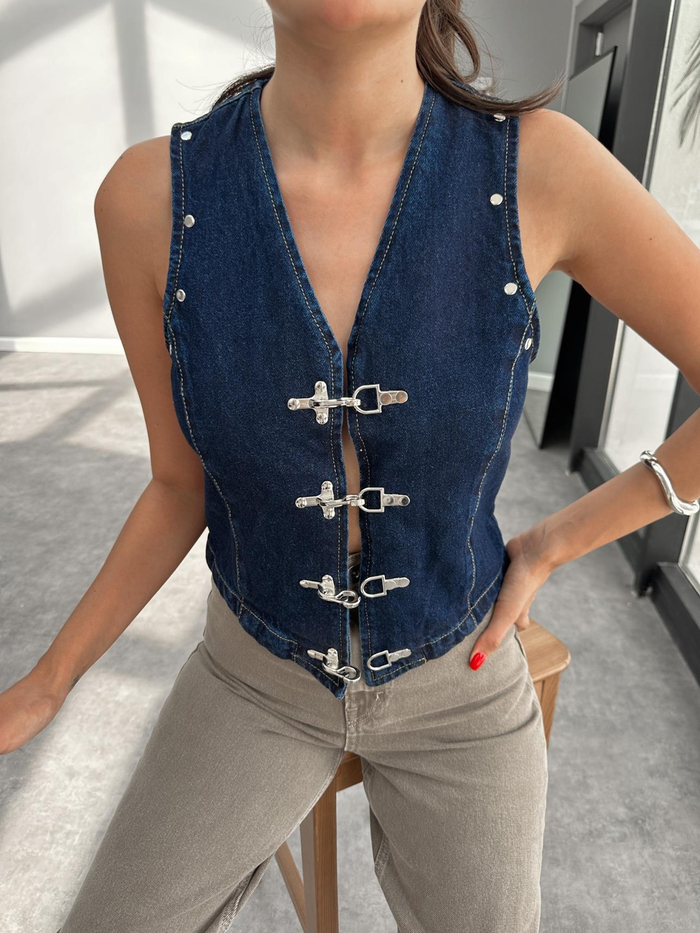 Kancalı Blazer Crop Denim Yelek