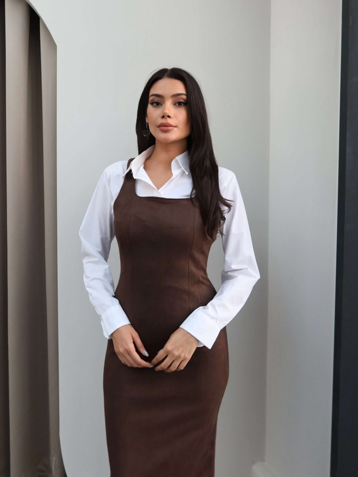 Kare Yaka Kalın Askılı Süet Elbise